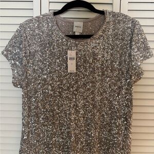 Maeve Silver Sequin Short Sleeve Top